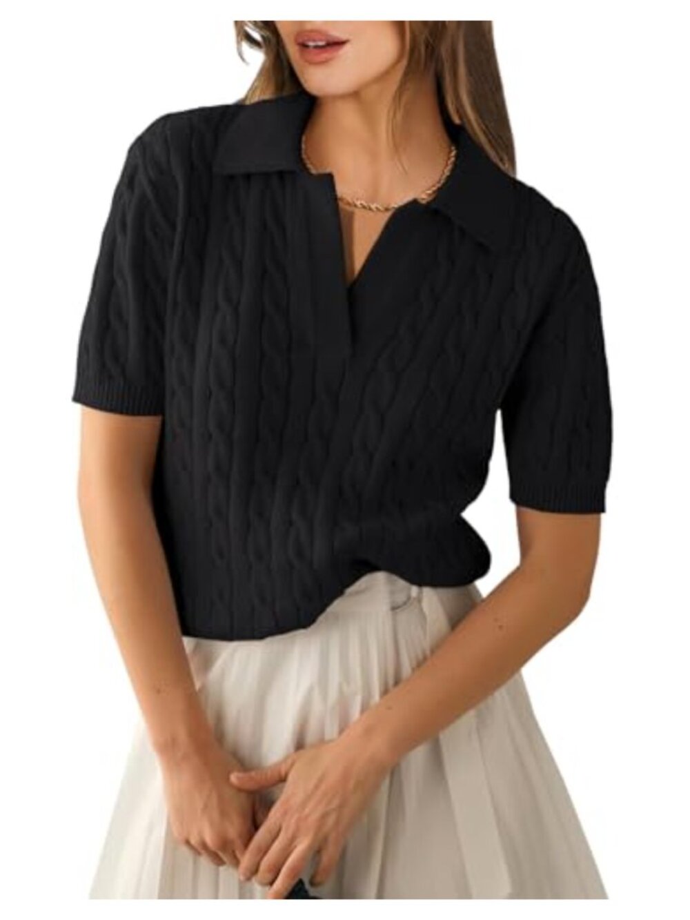 ANRABESS Women's Short Sleeve Polo V Neck Cable Knit Sweater Pullover Top